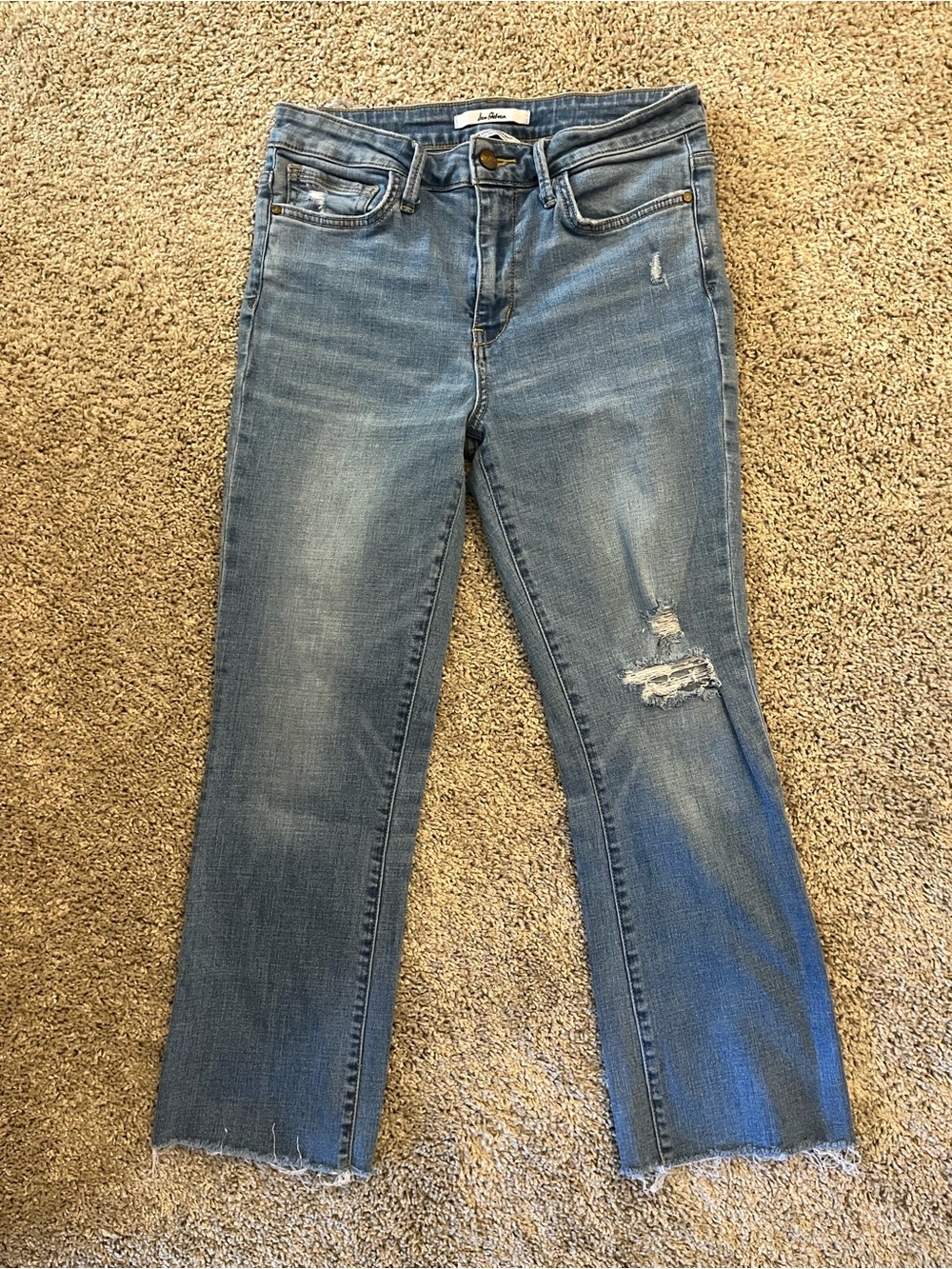 Sam Edelman Faded Blue Stiletto Crop Boot Jeans with Distressed Knee Size 29